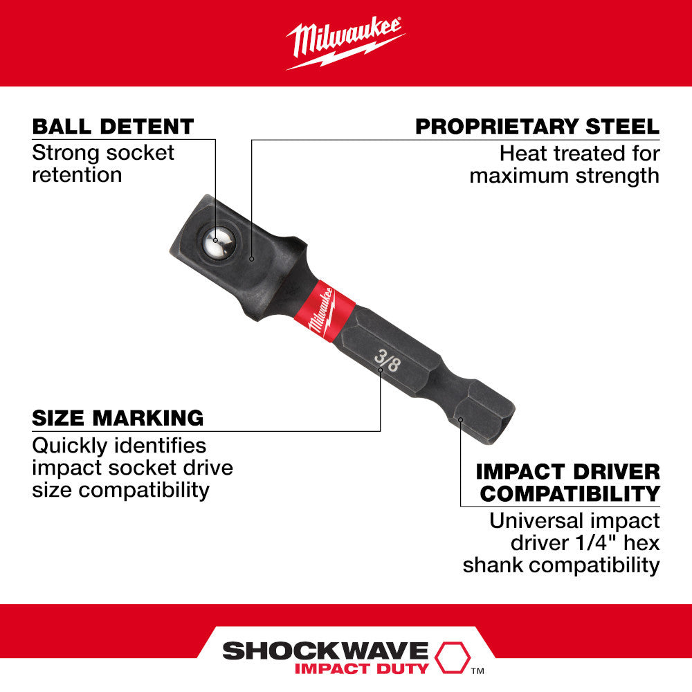 Milwaukee 48-32-5031 SHOCKWAVE Impact Duty 2 inch x 3/8 inch Square Socket Adapter showing features of the socket attachment