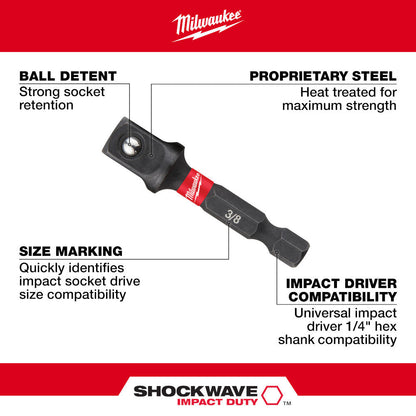 Milwaukee 48-32-5031 SHOCKWAVE Impact Duty 2 inch x 3/8 inch Square Socket Adapter showing features of the socket attachment