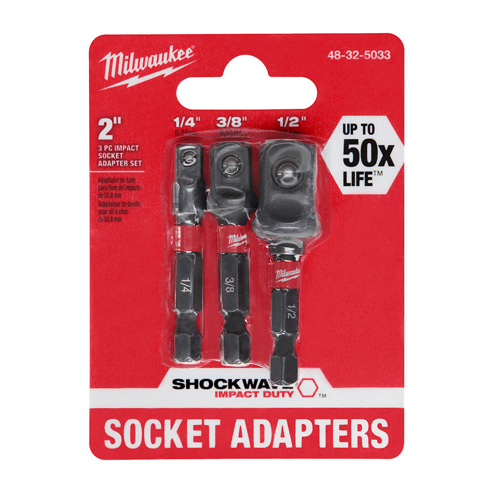 Milwaukee 48-32-5033 SHOCKWAVE Impact Duty 3pc 2 inch Square Socket Adapter Set showing bits in packaging