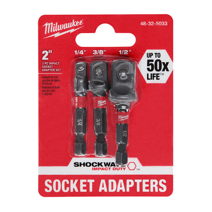Milwaukee 48-32-5033 SHOCKWAVE Impact Duty 3pc 2 inch Square Socket Adapter Set showing bits in packaging