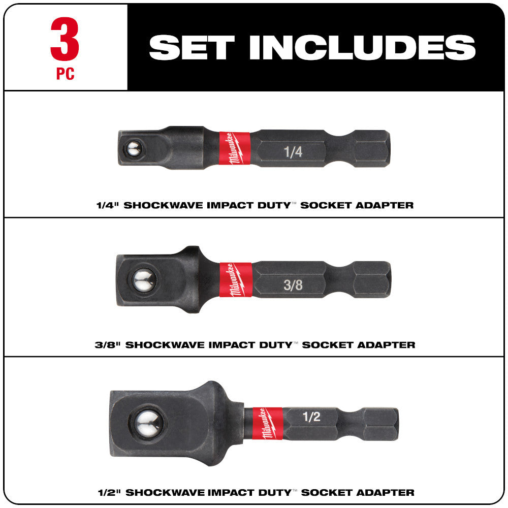 Milwaukee 48-32-5033 SHOCKWAVE Impact Duty 3pc 2 inch Square Socket Adapter Set showing inclusions of the set