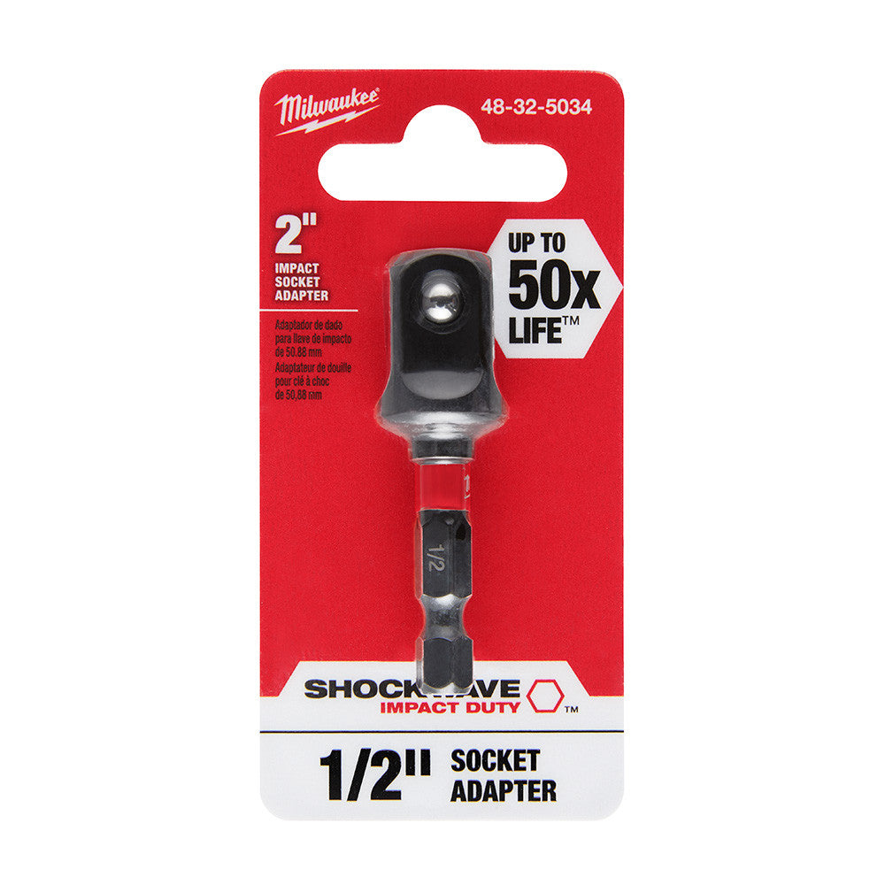 Milwaukee 48-32-5034 SHOCKWAVE Impact Duty 2 inch x 1/2 inch Square Socket Adapter showing bit in packaging