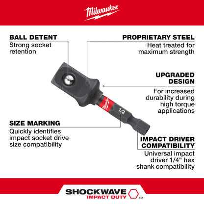 Milwaukee 48-32-5034 SHOCKWAVE Impact Duty 2 inch x 1/2 inch Square Socket Adapter showing features of the socket attachment