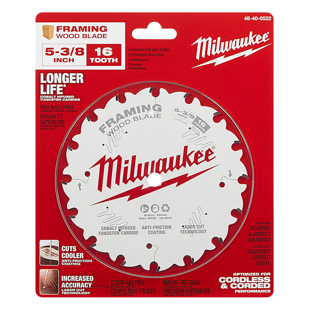 Milwaukee 48-40-0522 5-3/8-inch x 16T Framing Wood Cutting Circular Saw Blade showing blade in packaging