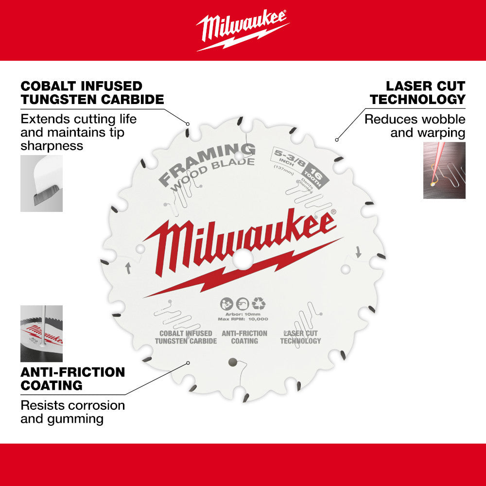 Milwaukee 48-40-0522 5-3/8-inch x 16T Framing Wood Cutting Circular Saw Blade showing features of the saw blade