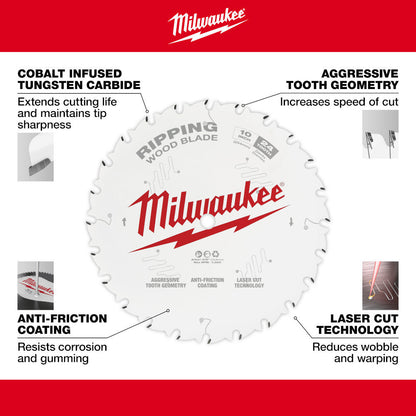 Milwaukee 48-40-1020 10-inch x 24T Ripping Wood Cutting Circular Saw Blade showing features of the saw blade