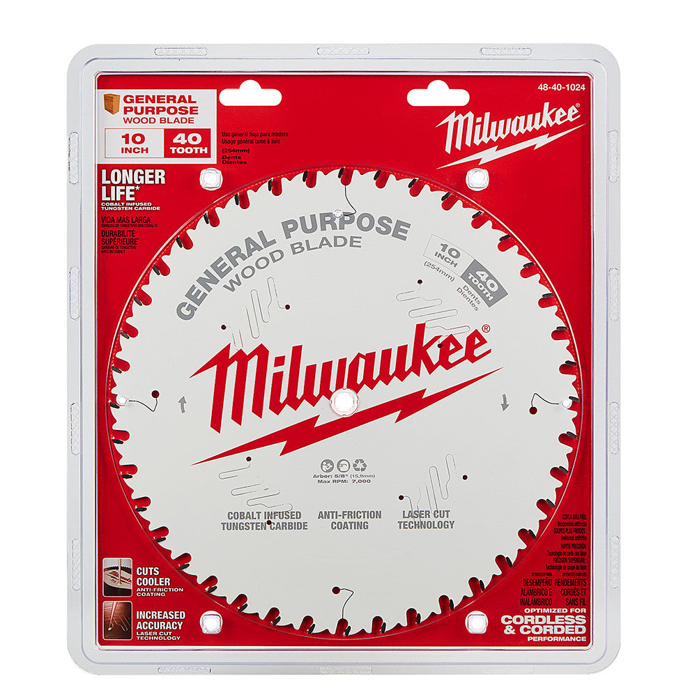 Milwaukee 48-40-1024 10-inch x 40T General Purpose Wood Cutting Circular Saw Blade showing saw blade in packaging
