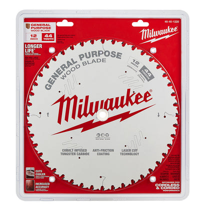 Milwaukee 48-40-1220 12-inch x 44T General Purpose Wood Cutting Circular Saw Blade showing saw blade in packaging