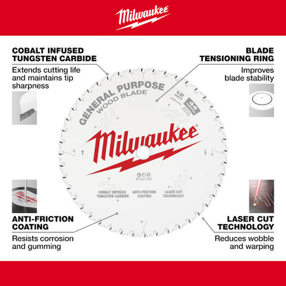 Milwaukee 48-40-1220 12-inch x 44T General Purpose Wood Cutting Circular Saw Blade showing features of the saw blade