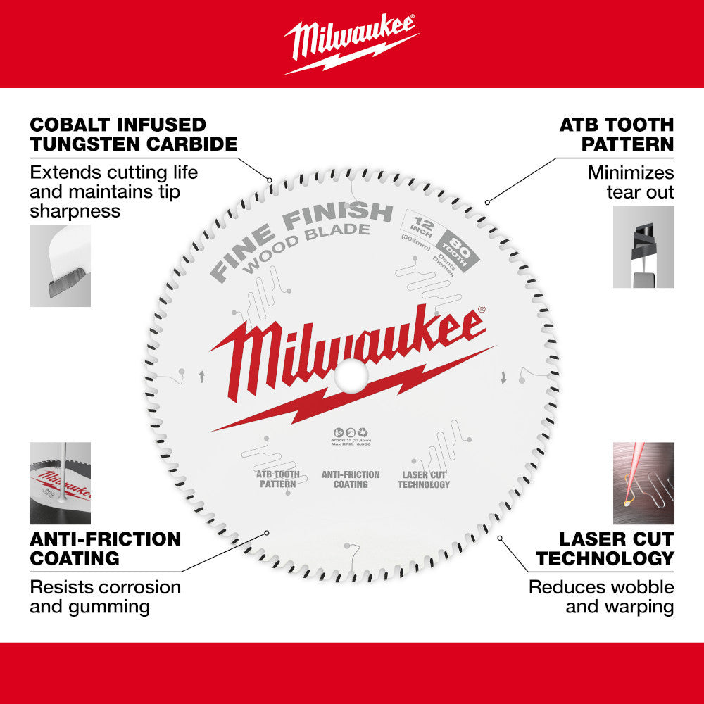 Milwaukee 48-40-1224 12-inch x 80T Fine Finish Wood Cutting Circular Saw Blade showing features of the saw blade
