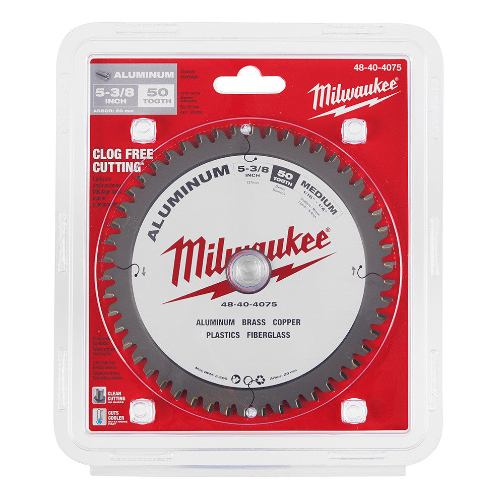 Milwaukee 48-40-4075 5-3/8 inch x 50T Non-Ferrous Metal & Aluminum Cutting Circular Saw Blade showing saw blade in packaging showing in use cutting square tubing with circular saw