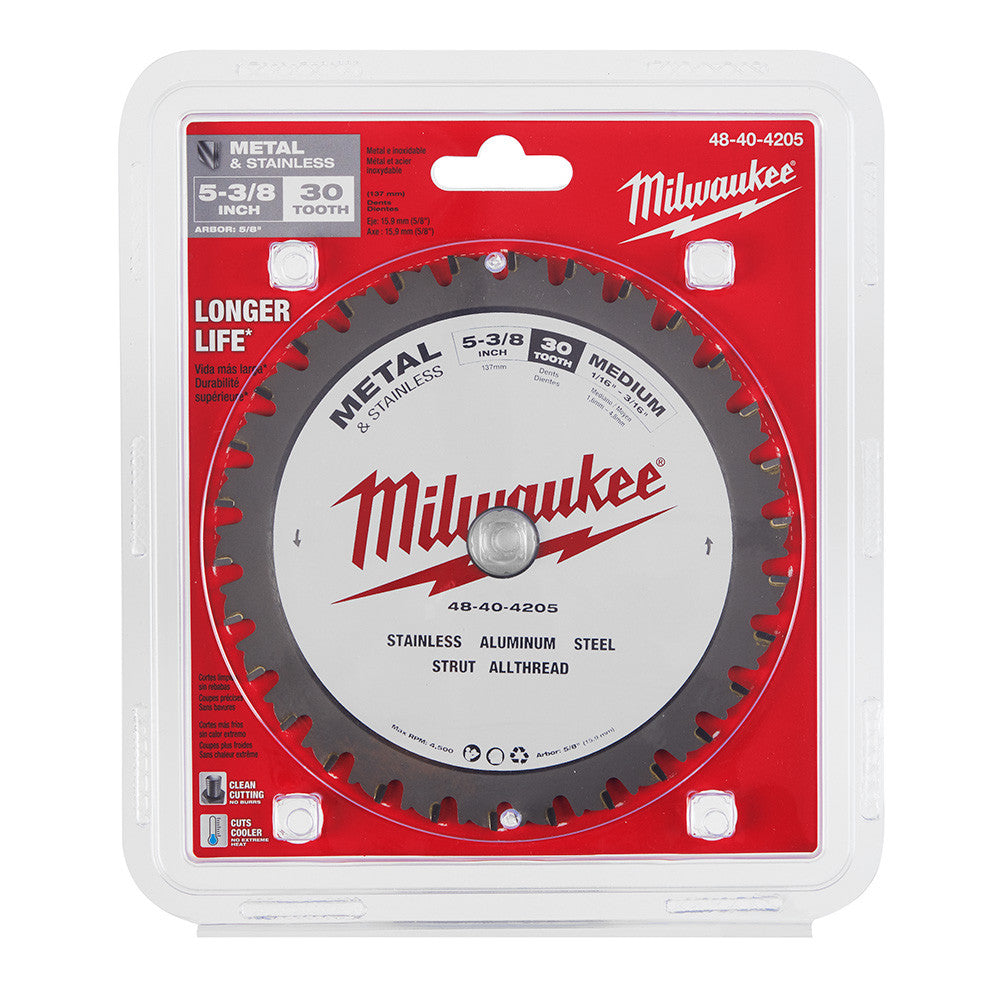 Milwaukee 48-40-4205 5-3/8-inch x 30T Ferrous Metal & Stainless Cutting Circular Saw Blade showing saw blade in packaging