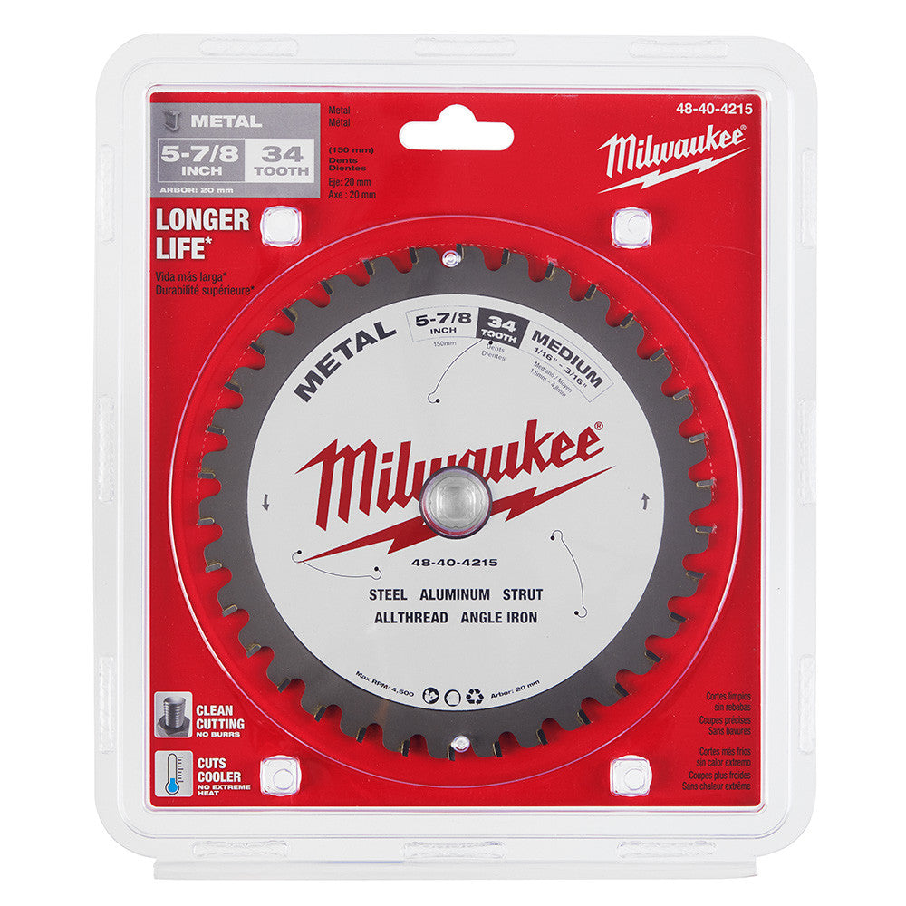 Milwaukee 48-40-4215 5-7/8-inch x 34T Metal Cutting Circular Saw Blade showing saw blade in packaging