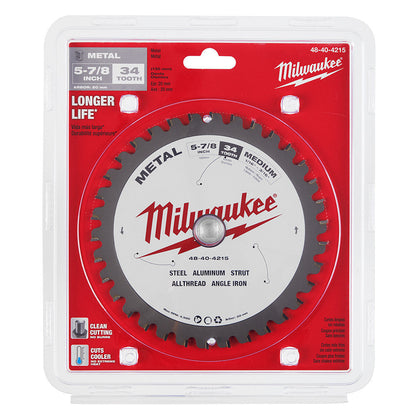 Milwaukee 48-40-4215 5-7/8-inch x 34T Metal Cutting Circular Saw Blade showing saw blade in packaging