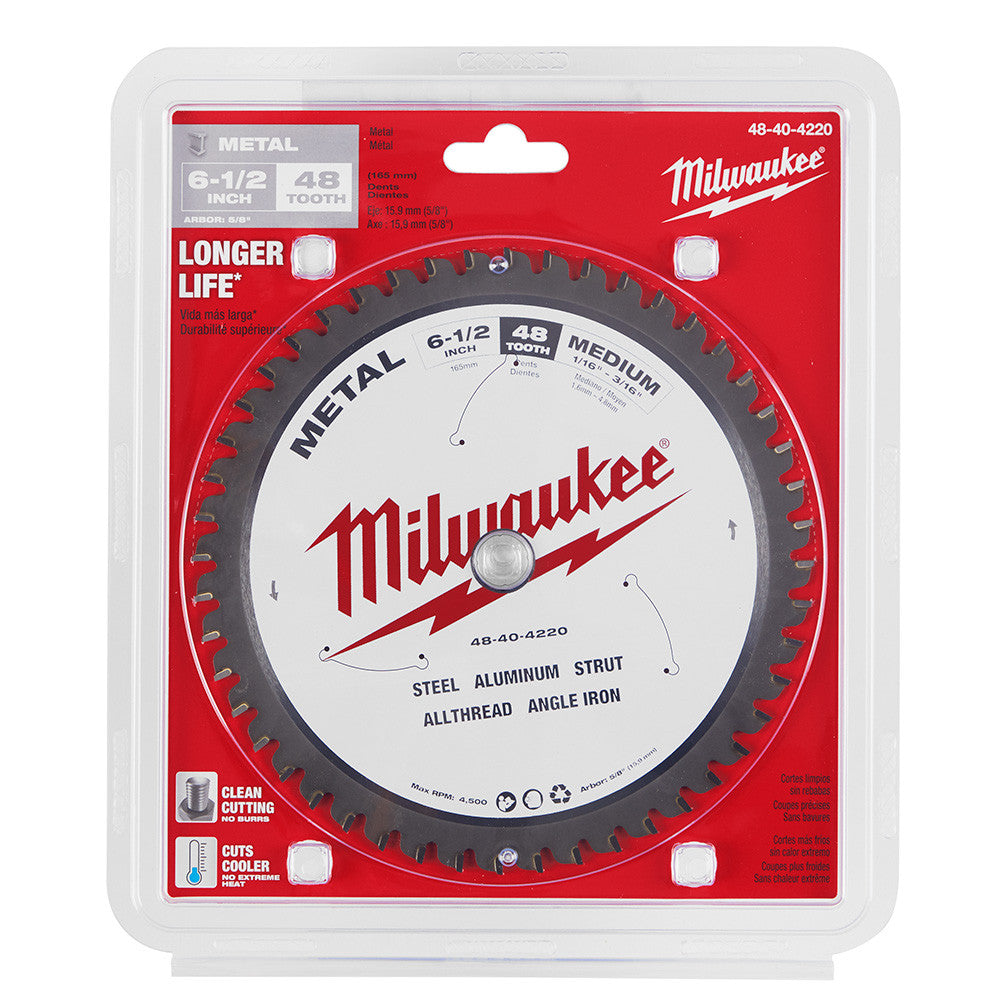 Milwaukee 48-40-4220 6-1/2-inch x 48T Metal Cutting Circular Saw Blade  showing saw blade in packaging