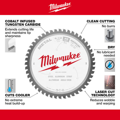Milwaukee 48-40-4220 6-1/2-inch x 48T Metal Cutting Circular Saw Blade showing features of the saw blade