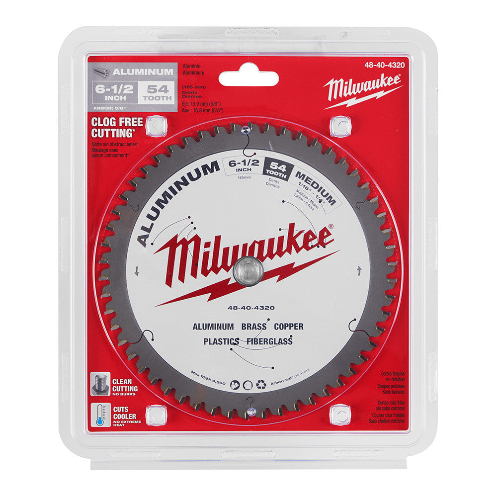 Milwaukee 48-40-4320 6-1/2-inch x 54T Non-Ferrous Metal & Aluminum Cutting Circular Saw Blade showing saw blade in packaging