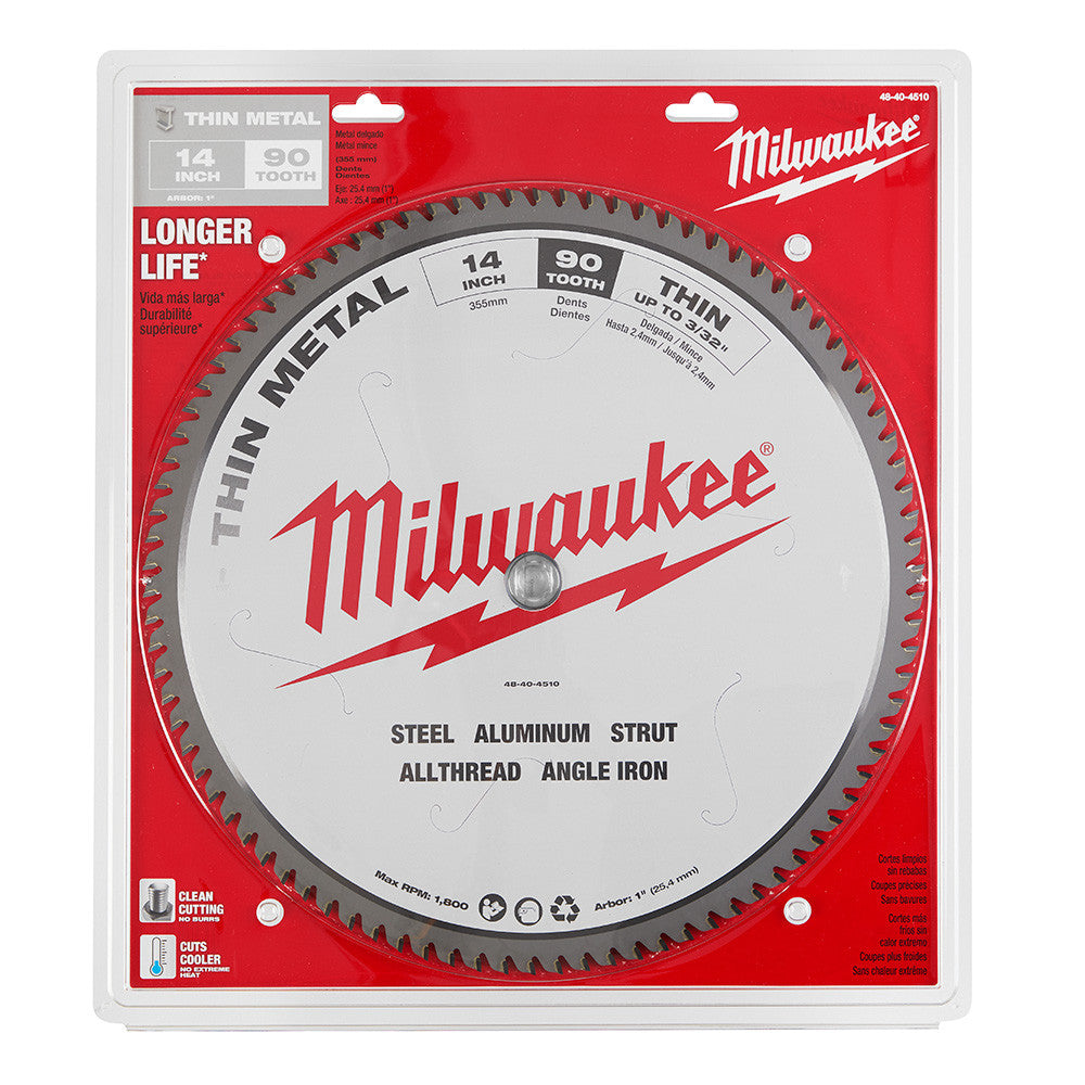 Milwaukee 48-40-4510 14-inch x 90T Thin Metal Cutting Circular Saw Blade showing saw blade in packaging