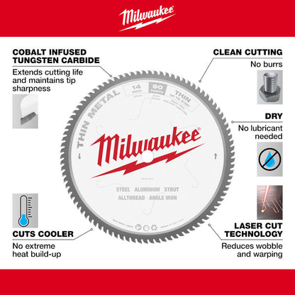 Milwaukee 48-40-4510 14-inch x 90T Thin Metal Cutting Circular Saw Blade showing features of the saw blade