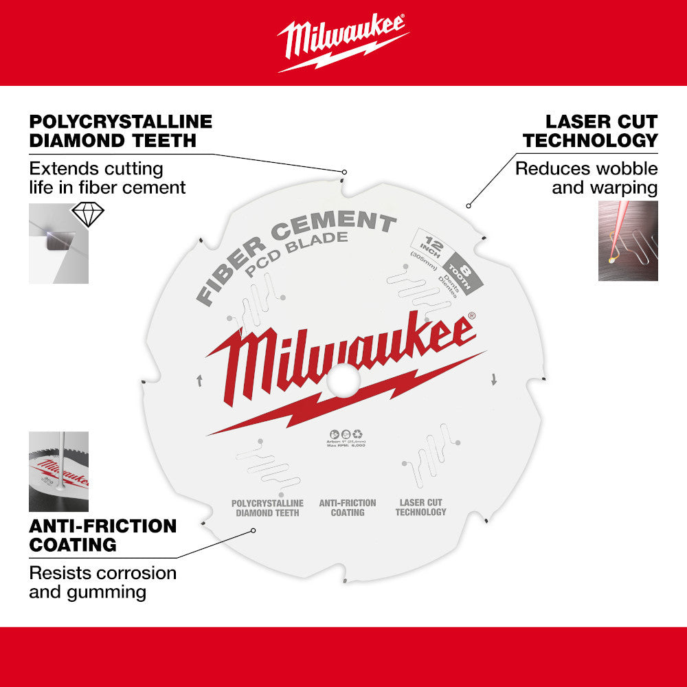 Milwaukee 48-40-7020 12-inch x 8T PCD / Fibre Cement Cutting Circular Saw Blade showing features of the saw blade