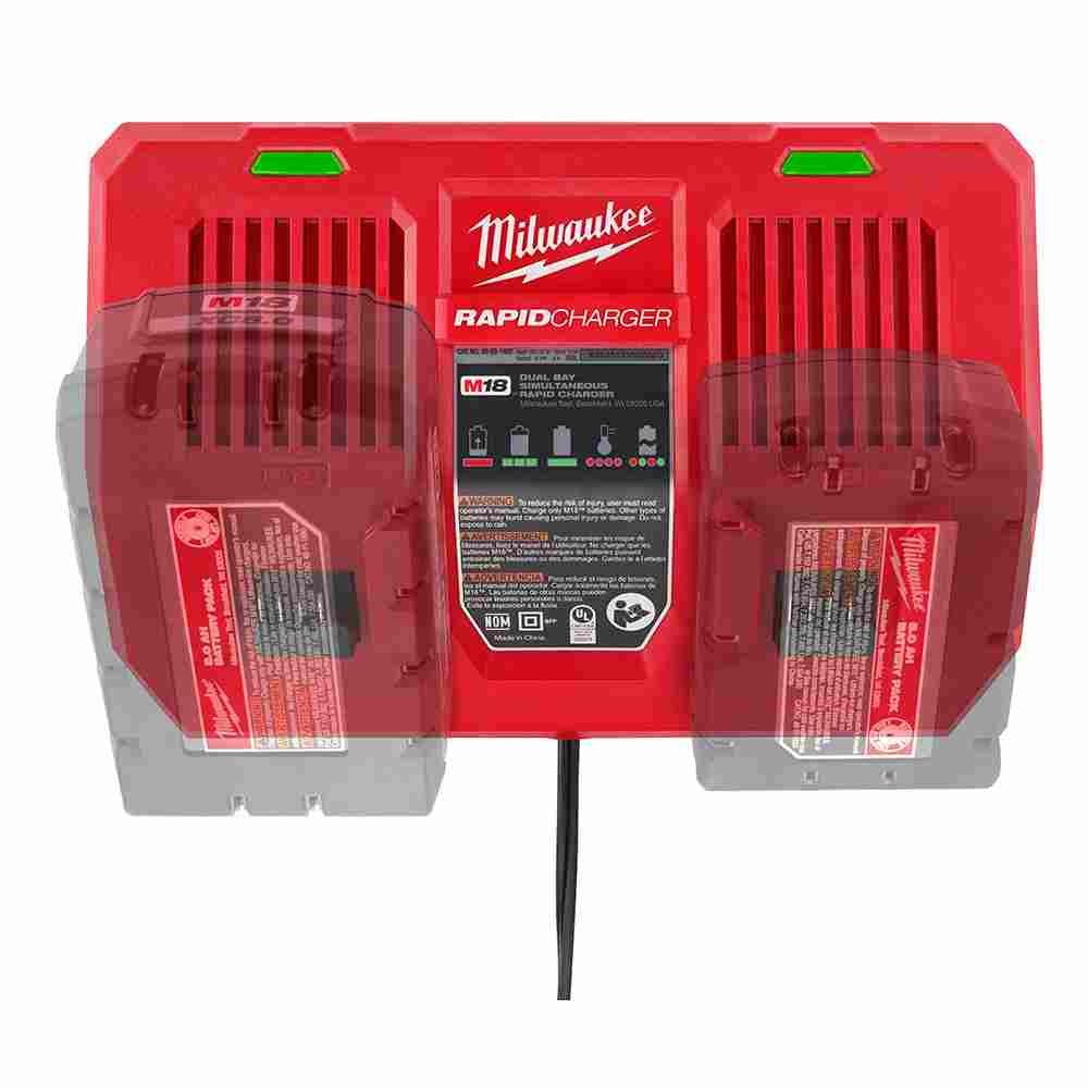 Milwaukee 48-59-1802 M18 Dual Bay Simultaneous Rapid Battery Charger showing where and how batteries sit on charger
