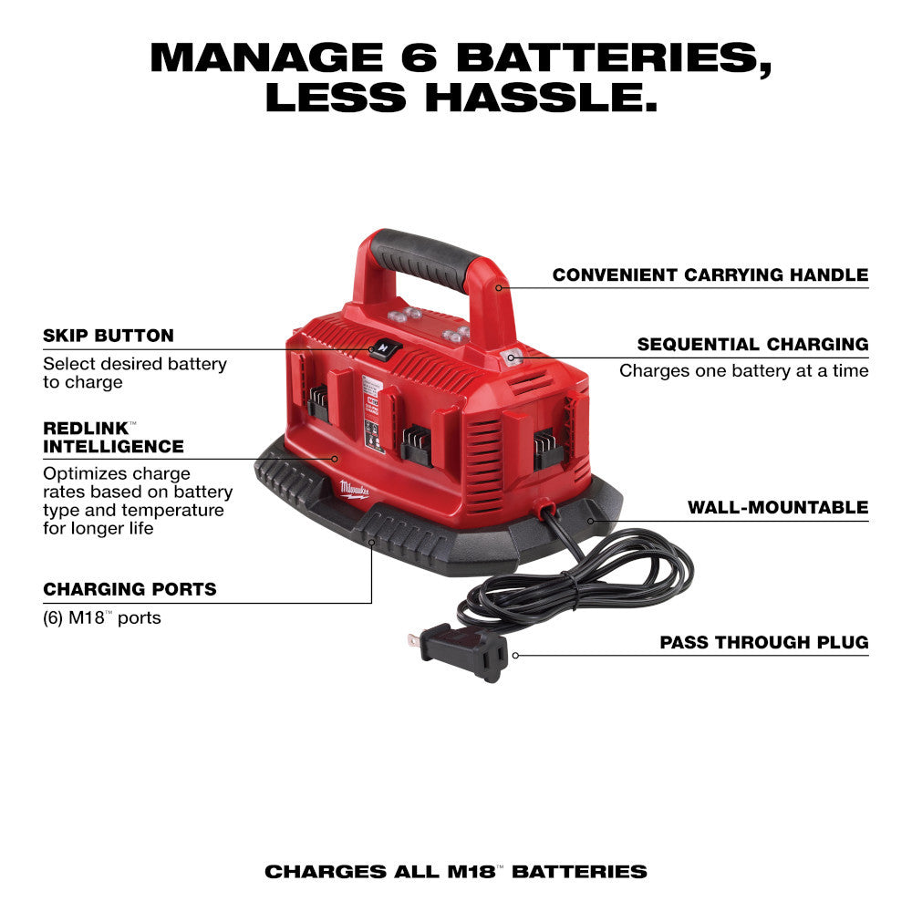 Milwaukee 48-59-1806 M18 6-Port Sequential Battery Charging Station (batteries sold separately)