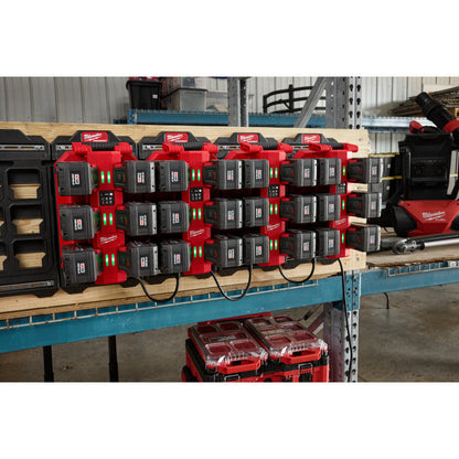Milwaukee 48-59-1817 18V 6-Bay Daisy Chain Rapid Charger showing charger mounted and daisy chained together (Batteries sold separately)
