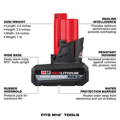 Milwaukee 48-59-2450P M12 5.0 Ah Battery & Charger Starter Kit showing features of the battery