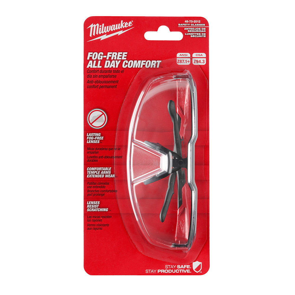 Milwaukee 48-73-2012 Fog-Free Clear Safety Glasses showing glasses in packaging