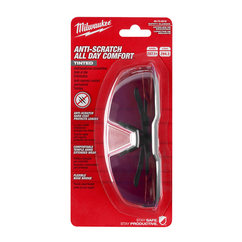 Milwaukee 48-73-2015 Anti-Scratch Tinted Safety Glasses showing glasses in packaging