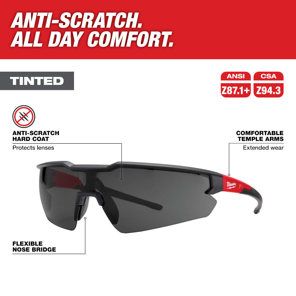 Milwaukee 48-73-2015 Anti-Scratch Tinted Safety Glasses showing features of the glasses