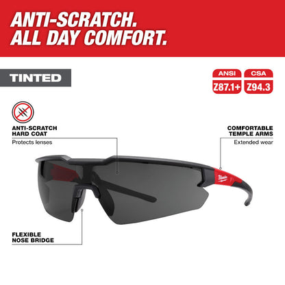 Milwaukee 48-73-2015 Anti-Scratch Tinted Safety Glasses showing features of the glasses
