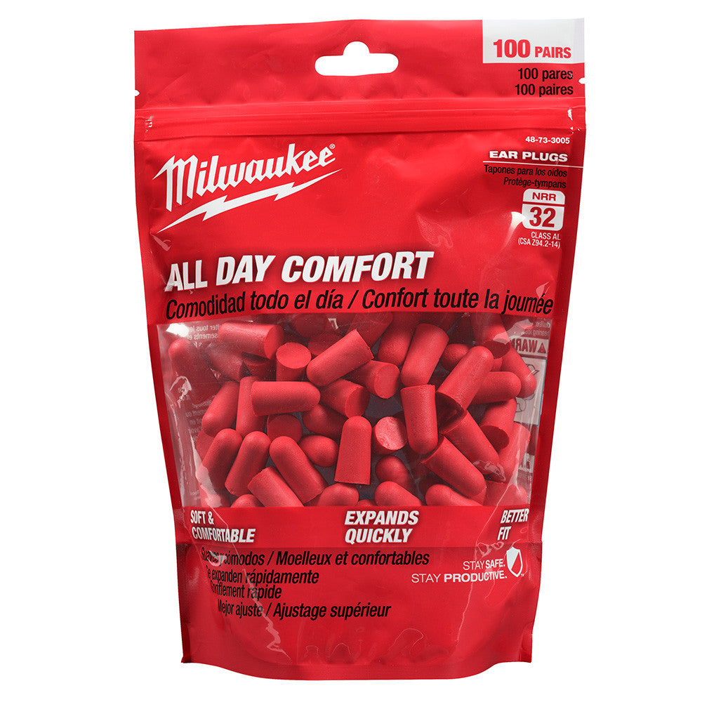 Milwaukee 48-73-3005 Foam Ear Plugs - 100 Pairs showing ear plugs in packaging
