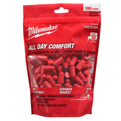 Milwaukee 48-73-3005 Foam Ear Plugs - 100 Pairs showing ear plugs in packaging