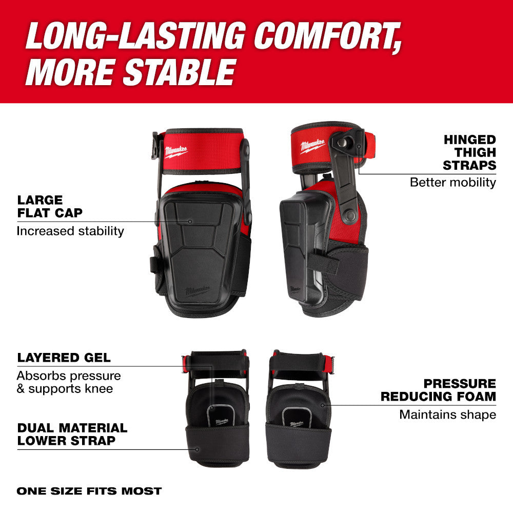 Milwaukee 48-73-6051 Stabilizer Performance Knee Pads with Thigh Straps infographics of both pads