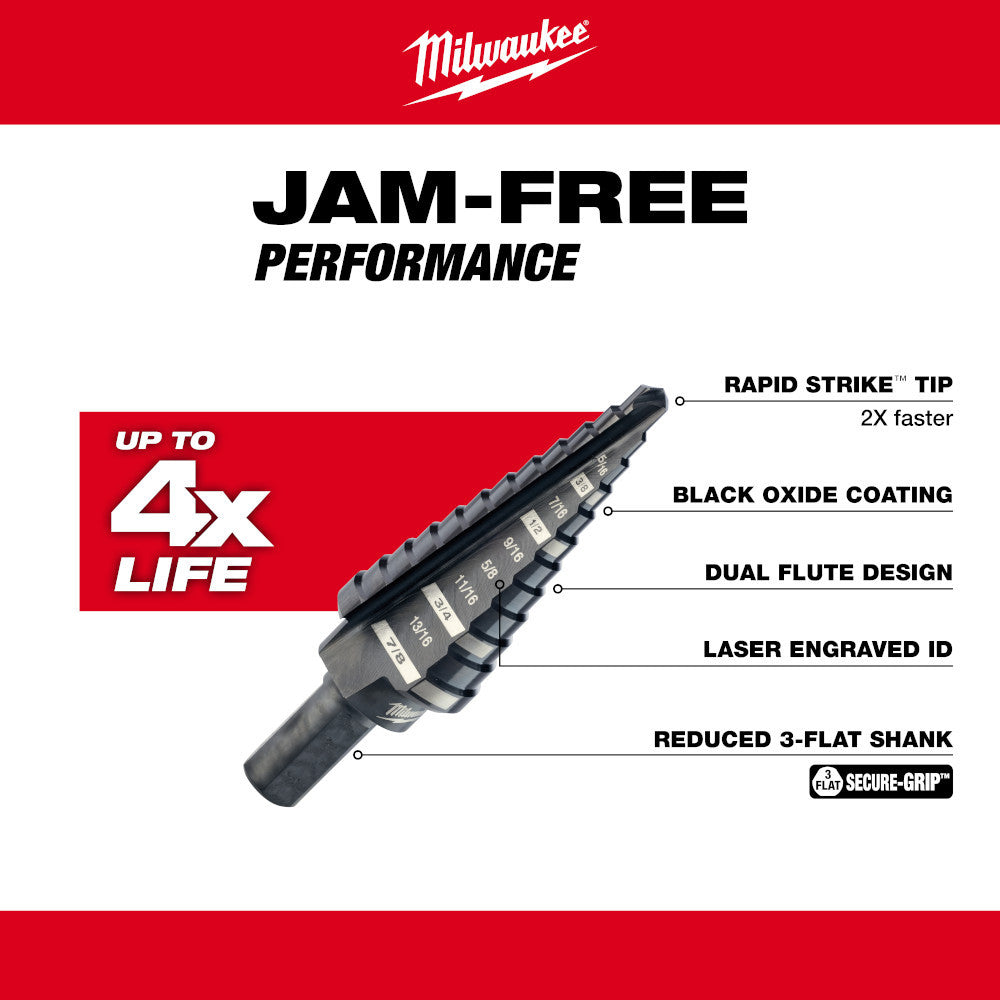 Milwaukee 48-89-9204 #4 Step Drill Bit (3/16 inch - 7/8 inch) - 12 Steps 1/16 inch increments