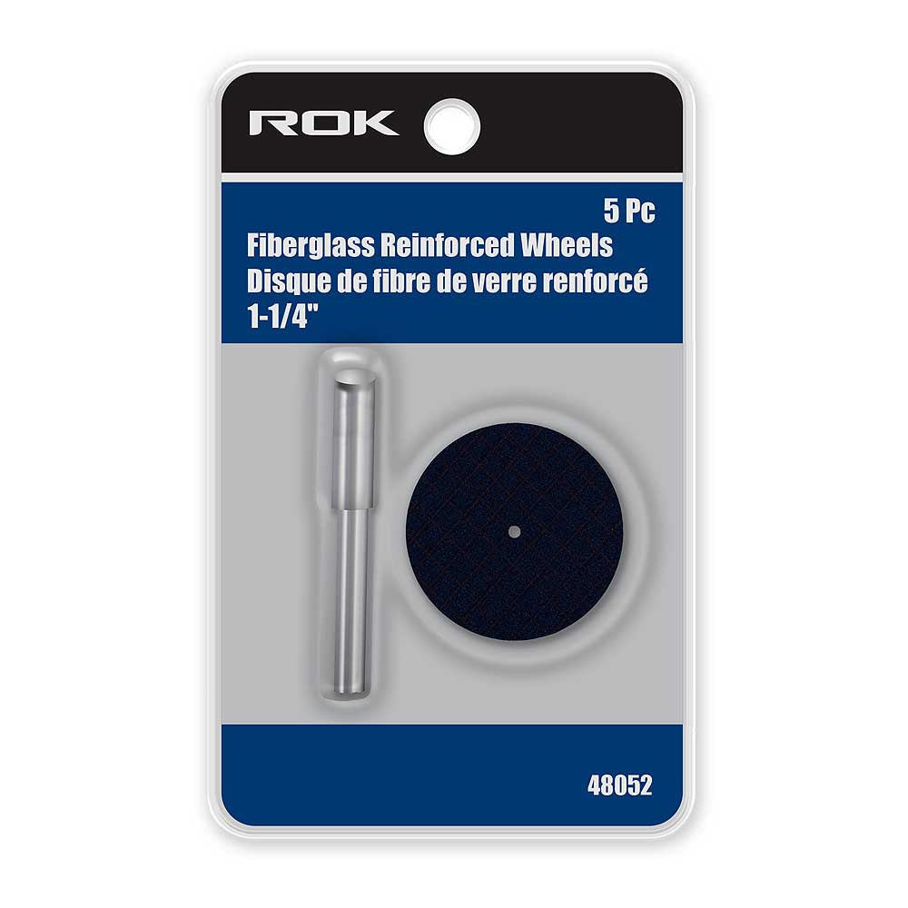 ROK 5pc 1-1/4in x .045in Fibreglass Reinforced Cut Off Wheels with 1/8in Shank Mandrel Set
