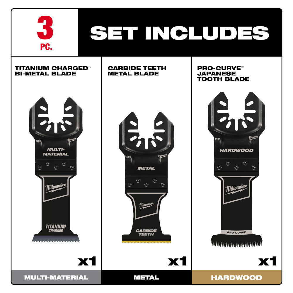 Milwaukee 49-10-9001 OPEN-LOK 3pc Universal Fit All-Purpose Multi-Tool Oscillating Blade Set showing inclusions of the set