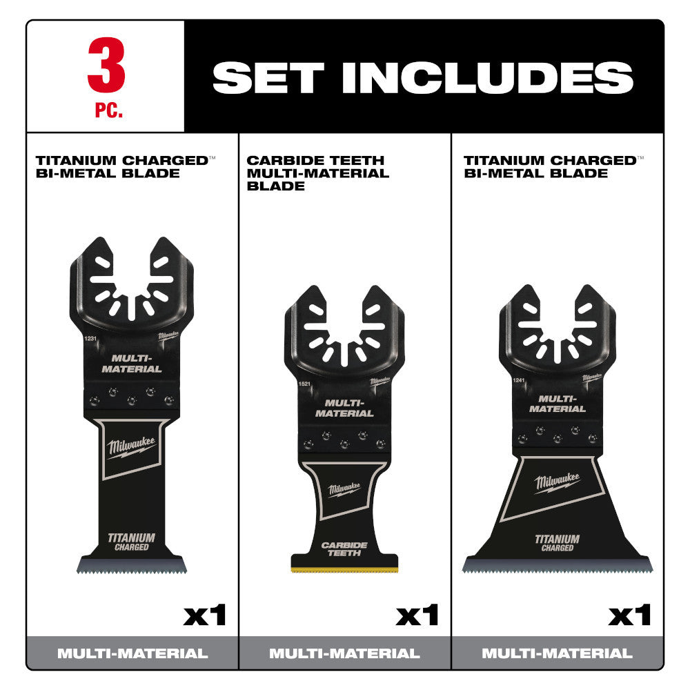 Milwaukee 49-10-9005 OPEN-LOK 3pc Universal Fit Titanium Enhanced Multi-Material Cutting Multi-Tool Oscillating Blade Set showing inclusions of the set