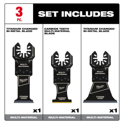 Milwaukee 49-10-9005 OPEN-LOK 3pc Universal Fit Titanium Enhanced Multi-Material Cutting Multi-Tool Oscillating Blade Set showing inclusions of the set