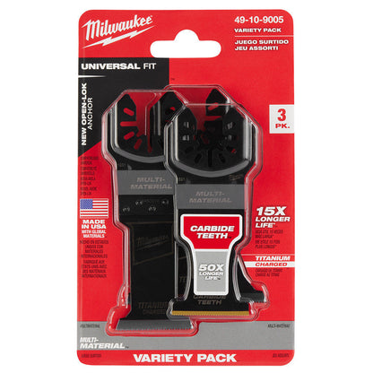 Milwaukee 49-10-9005 OPEN-LOK 3pc Universal Fit Titanium Enhanced Multi-Material Cutting Multi-Tool Oscillating Blade Set showing blade set in packaging