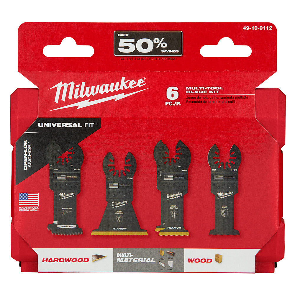 Milwaukee 49-10-9112 OPEN-LOK 6pc Universal Fit Multi-Tool Oscillating Blade Set showing blade set in packaging