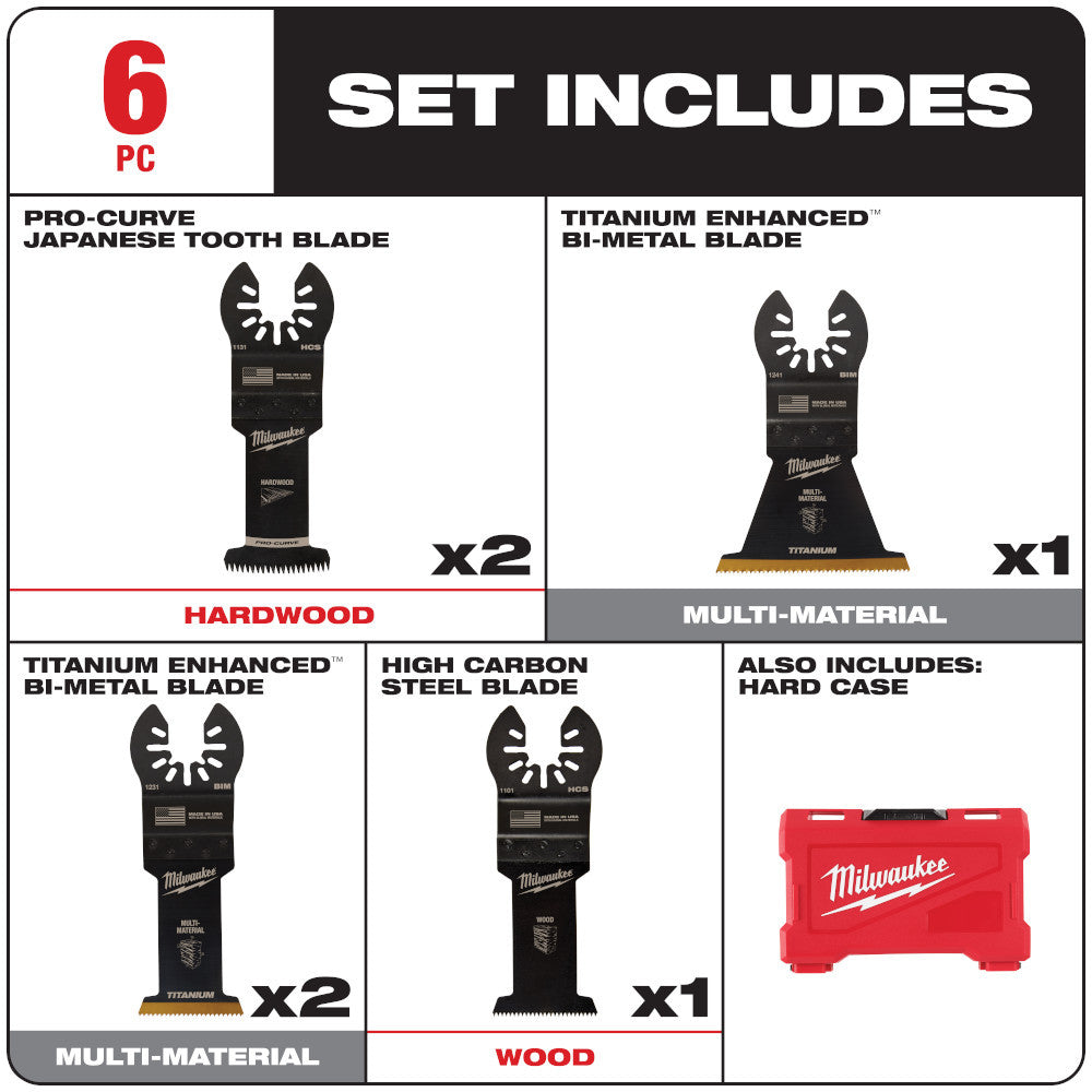 Milwaukee 49-10-9112 OPEN-LOK 6pc Universal Fit Multi-Tool Oscillating Blade Set showing inclusions of the set