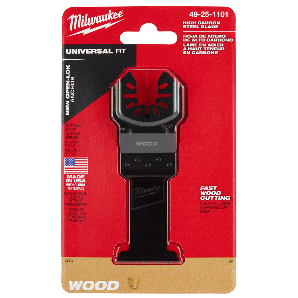 Milwaukee 49-25-1101 OPEN-LOK 1-3/8-inch Universal Fit High Carbon Steel Wood Cutting Multi-Tool Oscillating Blades - 3pk showing blade set in packaging