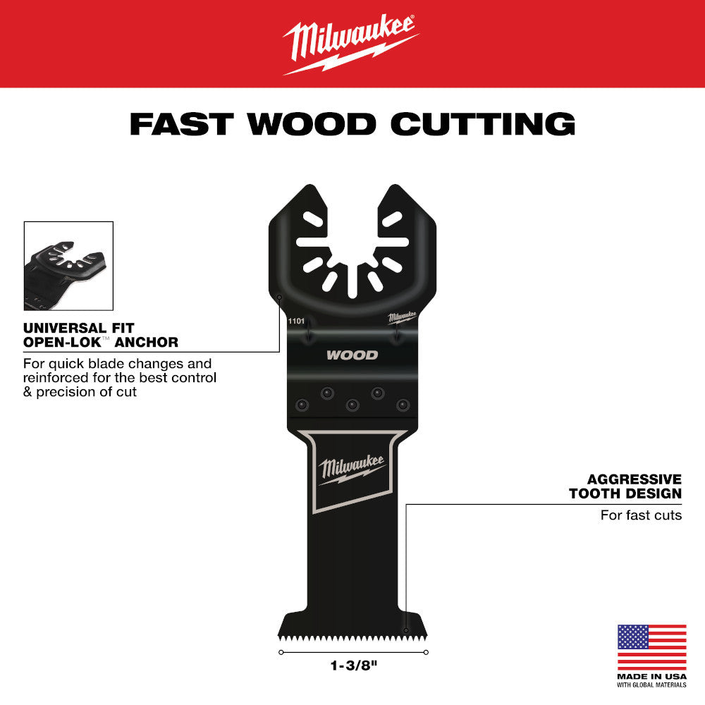 Milwaukee 49-25-1101 OPEN-LOK 1-3/8 inch Universal Fit High Carbon Steel Wood Cutting Multi-Tool Oscillating Blade showing features of the blades