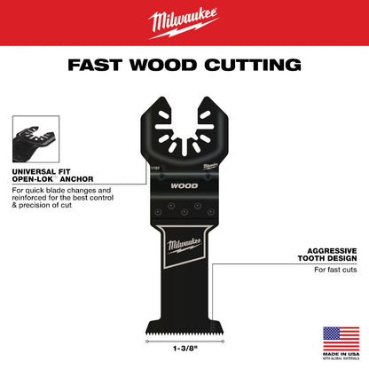Milwaukee 49-25-1101 OPEN-LOK 1-3/8 inch Universal Fit High Carbon Steel Wood Cutting Multi-Tool Oscillating Blade showing features of the blades