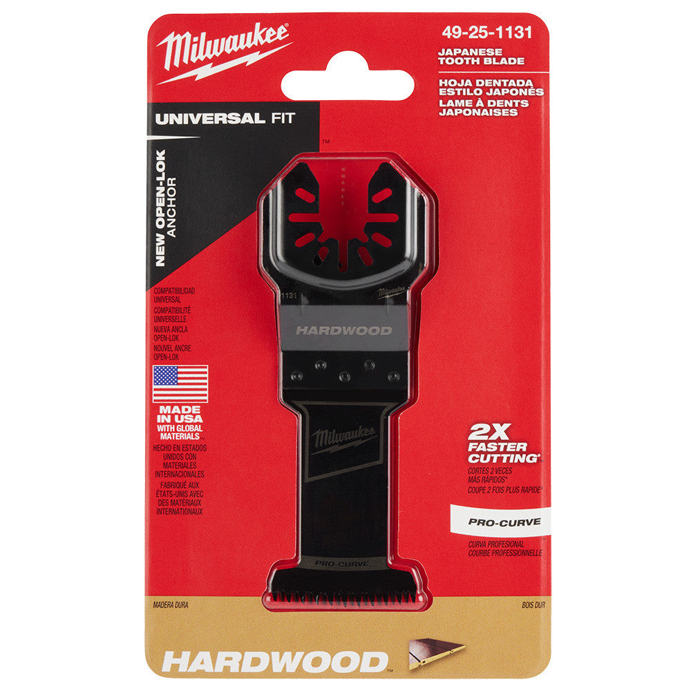 Milwaukee 49-25-1131 OPEN-LOK 1-3/8-inch Universal Fit HCS Japanese Teeth Hardwood Cutting Multi-Tool Oscillating Blade showing blade set in packaging