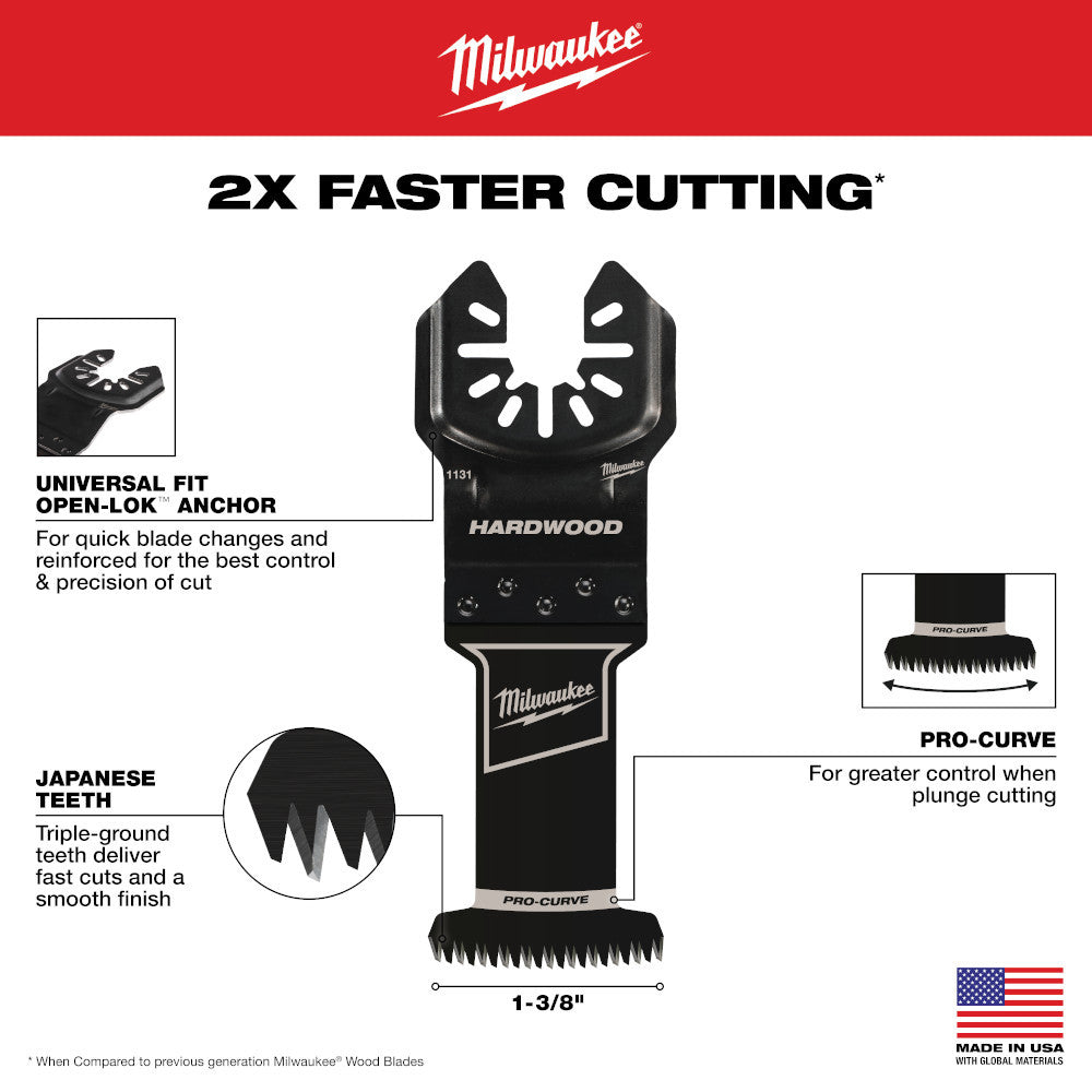 Milwaukee 49-25-1133 OPEN-LOK 1-3/8-inch Universal Fit HCS Japanese Teeth Hardwood Cutting Multi-Tool Oscillating Blades - 3pk showing features of the blades