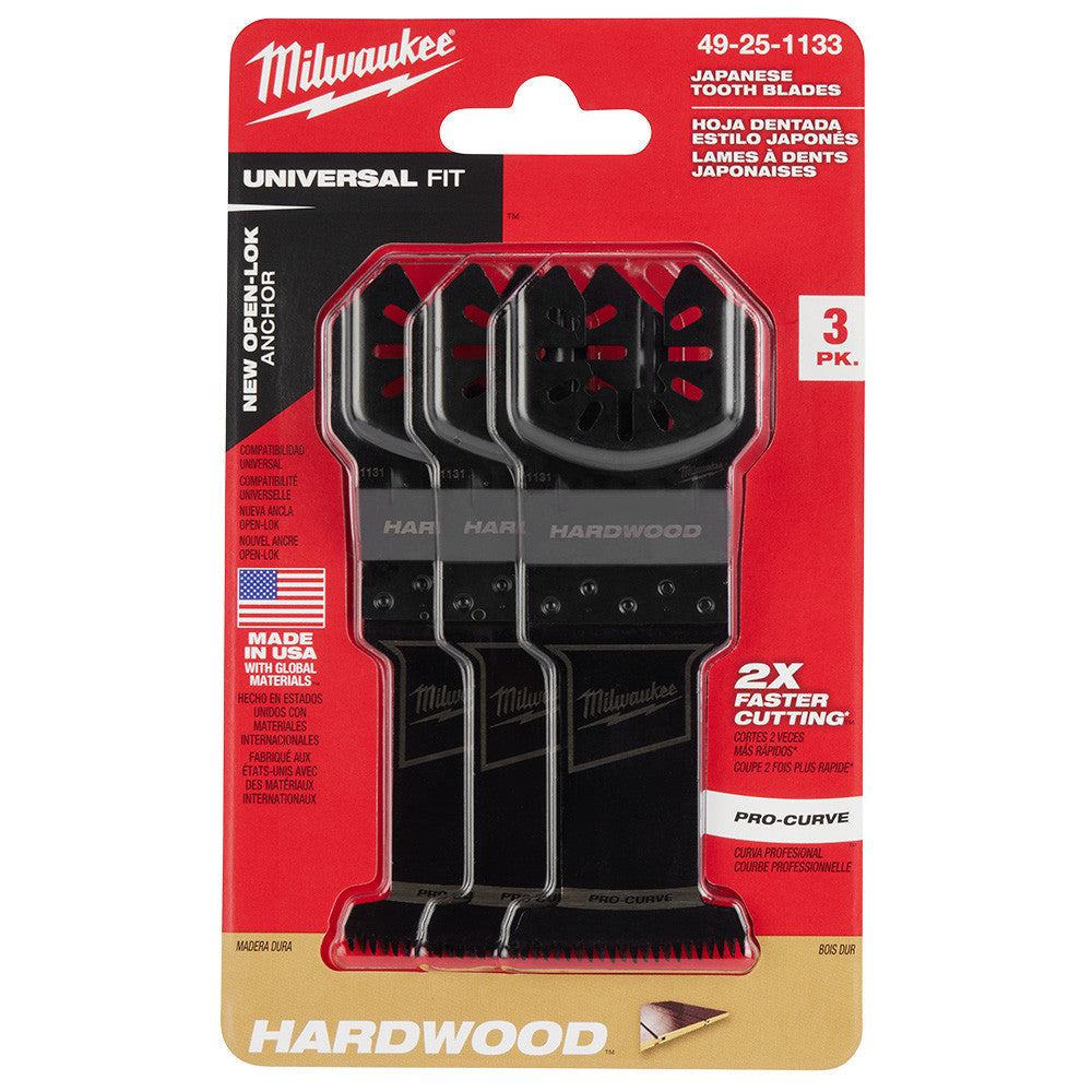 Milwaukee 49-25-1133 OPEN-LOK 1-3/8-inch Universal Fit HCS Japanese Teeth Hardwood Cutting Multi-Tool Oscillating Blades - 3pk showing blades set in packaging