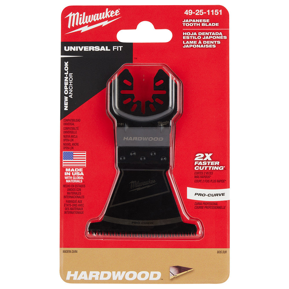 Milwaukee 49-25-1151 OPEN-LOK 2-1/2-inch Universal Fit HCS Japanese Teeth Hardwood Cutting Multi-Tool Oscillating Blade showing blade set in packaging